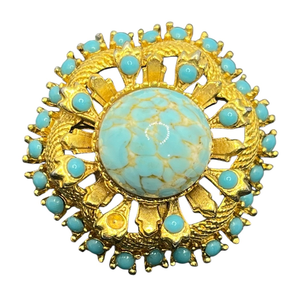 Sphinx Gold Tone Blue Faux Turquoise Cabochon Round Brooch Pin Vintage